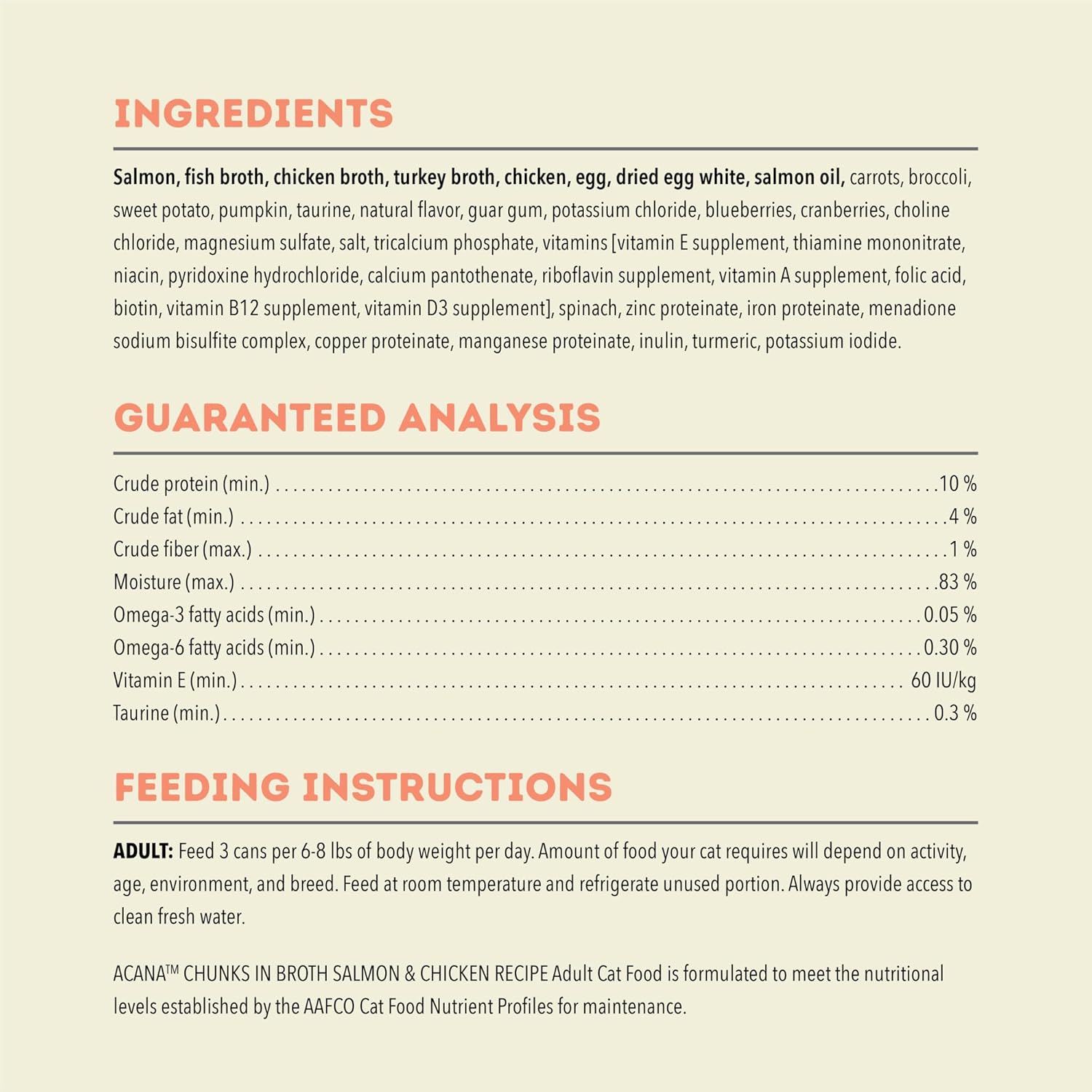 ACANA salmon and chicken wet cat food ingredients and nutritional information for feline health