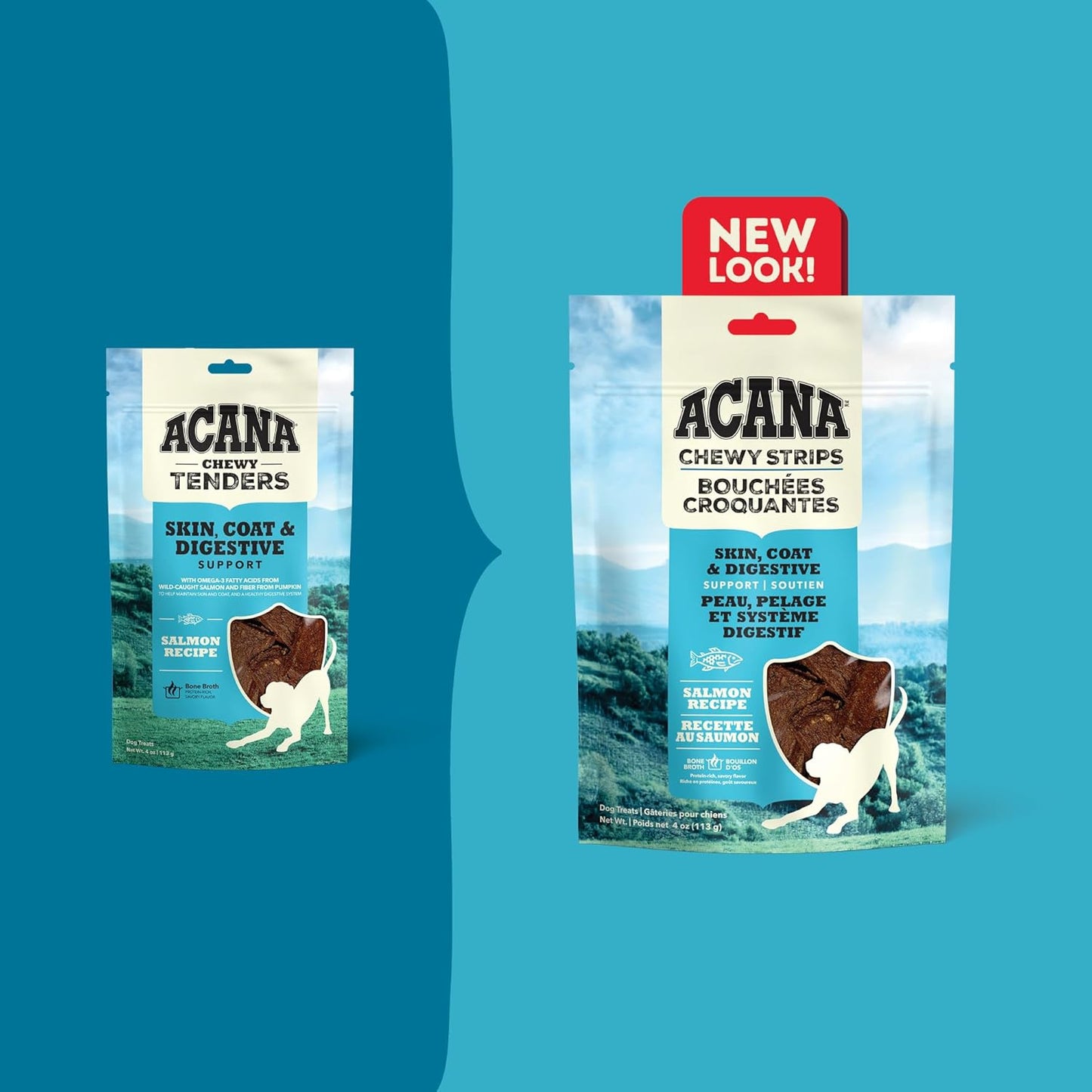 Acana skin and coat dog treats packaging featuring chewy strips and tenders for healthy skin support