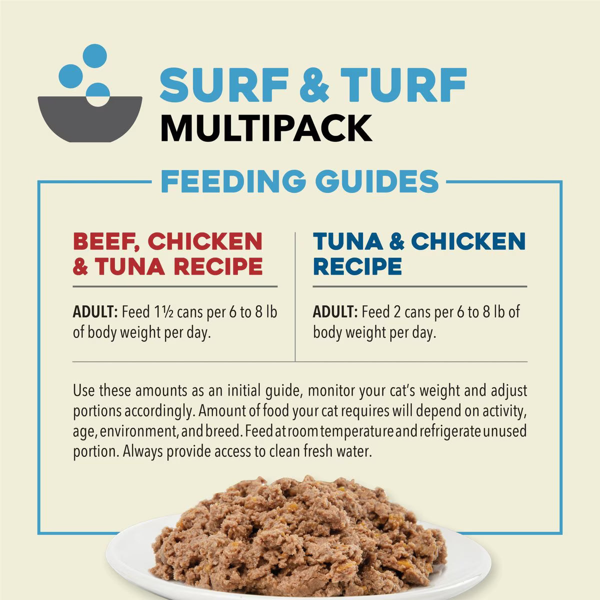 ACANA surf and turf wet cat food multipack feeding guide with beef, chicken, and tuna recipes