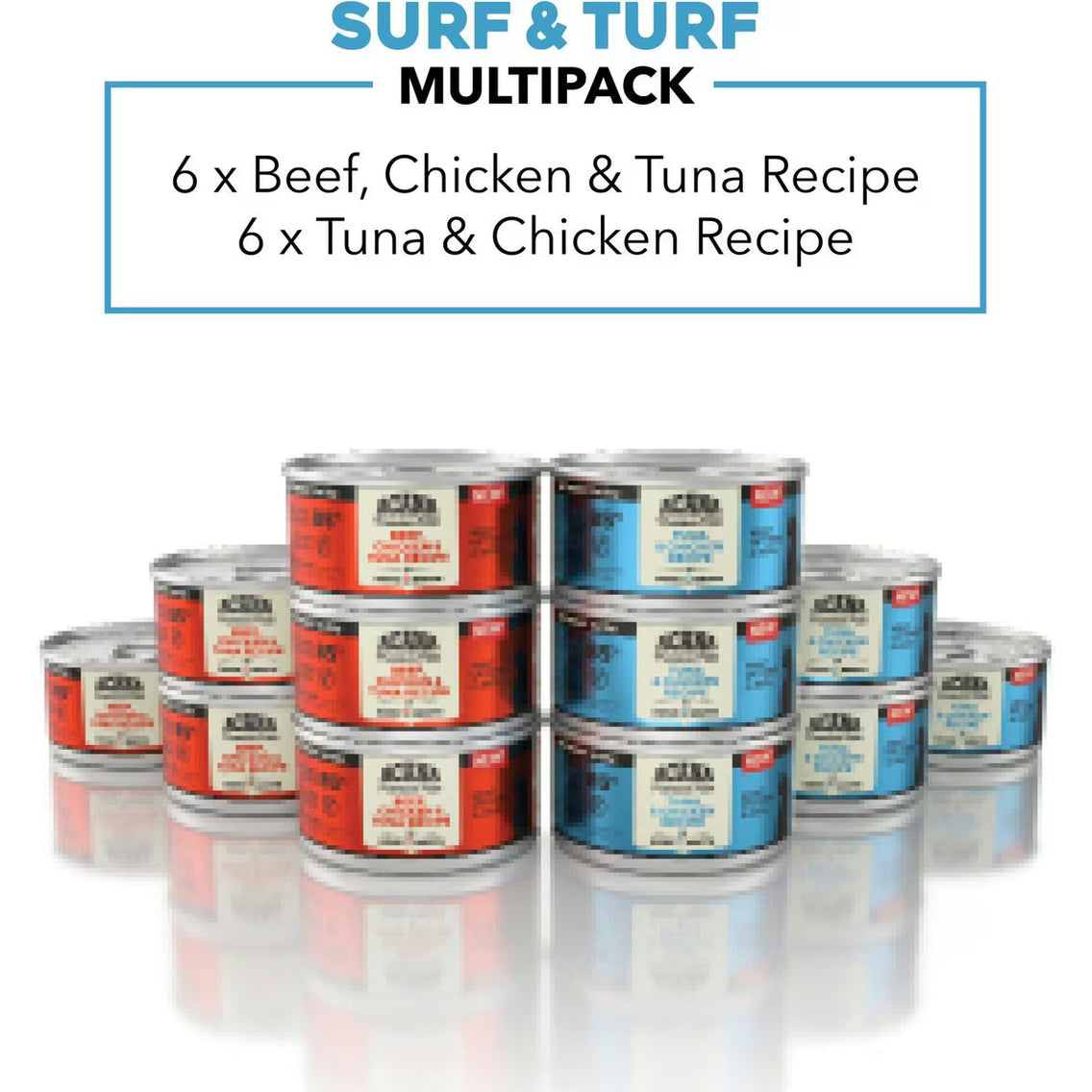 ACANA surf and turf wet cat food multipack featuring beef, chicken, and tuna recipes for balanced nutrition
