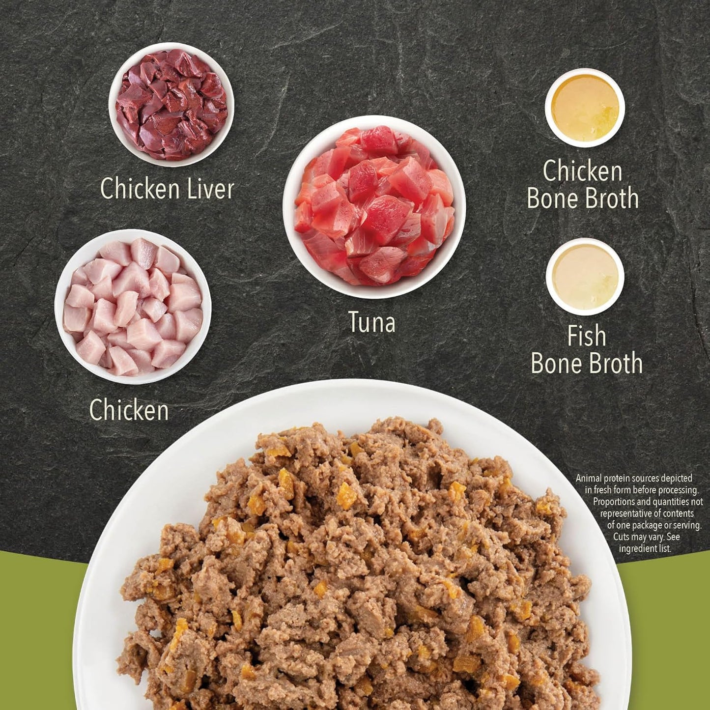 ACANA wet cat food tuna and chicken ingredients including chicken liver, tuna, and chicken on a plate