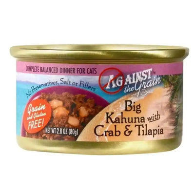 Against the Grain Big Kahuna With Crab & Tilapia Dinner For Cat Food, 2.8-oz can, case of 24. Grain and gluten free; no preservatives, salt, or fillers. Brand: Against the Grain.