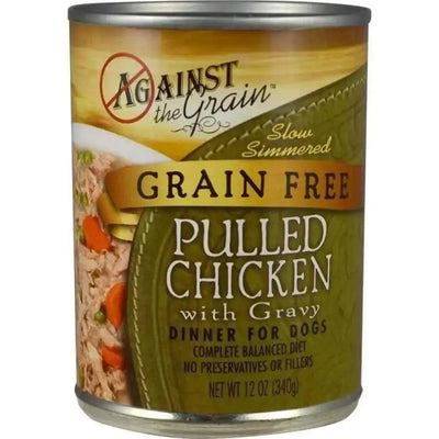 Against the Grain Hand Pulled Chicken Dog Food (12-oz, case of 12) is a premium, grain-free meal made with pulled chicken, veggies, and gravy—no preservatives or fillers—for your dog’s health. The green and brown label highlights its quality.