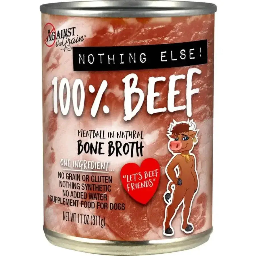 A can of Against the Grain Nothing Else 100% One Ingredient Adult Wet Dog Food Beef, featuring a cartoon cow, red heart with Let’s beef friends, and highlighting its limited ingredient, grain-free formula.