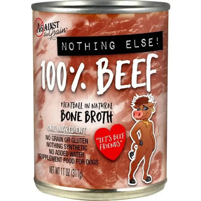A can of Against the Grain Nothing Else 100% One Ingredient Adult Wet Dog Food Beef, featuring a cartoon cow, red heart with Let’s beef friends, and highlighting its limited ingredient, grain-free formula.