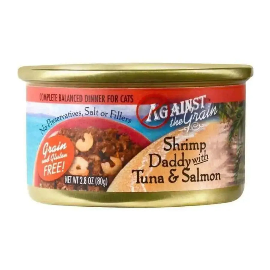 A 2.8-oz can of Against the Grain Shrimp Daddy With Tuna & Salmon Dinner for Cats is grain and gluten free, hypoallergenic, with no preservatives, salt, or fillers. Sold under the Against the Grain brand in a case of 24 cans.