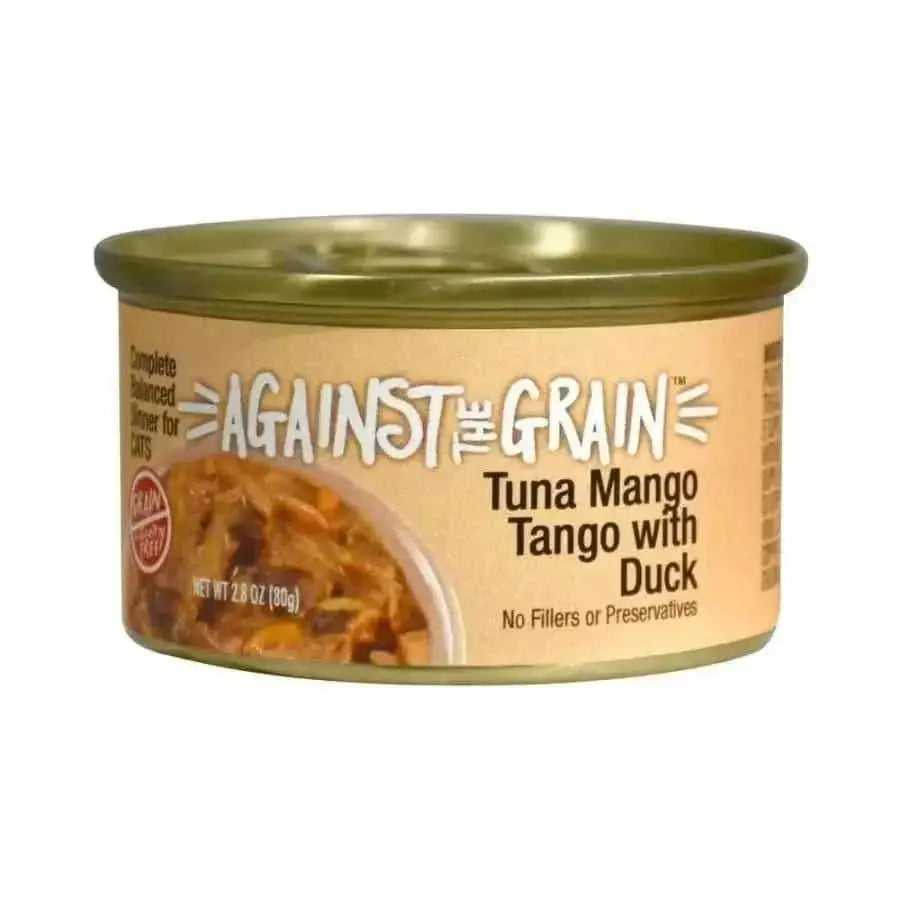 The Against the Grain Tuna Mango Tango With Duck Dinner For Cats 2.8-oz, case of 24, features a gold lid and tan label stating it’s grain free and contains no fillers or preservatives.