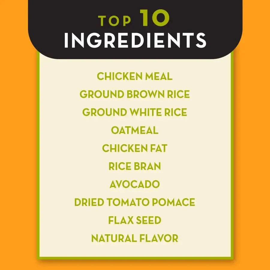 Top ingredients of AvoDerm chicken meal and brown rice dog food including chicken meal and oatmeal