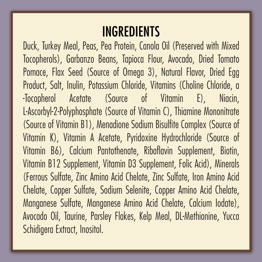 AvoDerm dry cat food ingredients list including duck, turkey, and peas for balanced nutrition