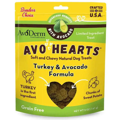 AvoDerm Natural AvoHearts Natural Dog Treats 5 oz, from AvoDerm, comes in a yellow pouch. These soft, chewy treats feature turkey as the first ingredient, sweet potato chunks, and are labeled grain-free.