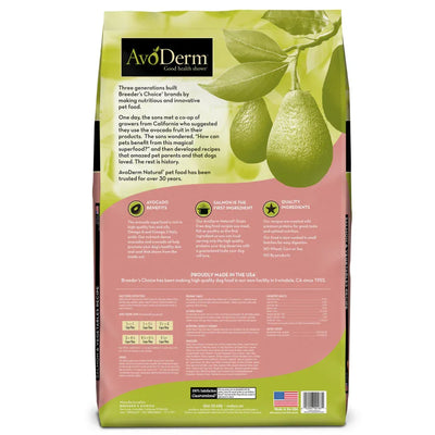 AvoDerm salmon and vegetables dog food bag featuring avocado and high-quality ingredients for dog health