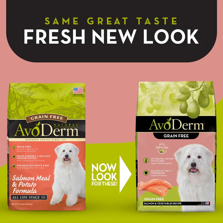AvoDerm salmon and vegetables dog food bags showcasing grain-free formula for healthy dogs