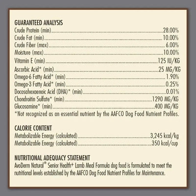 AvoDerm CPD’s Senior Health Grain Free Lamb Meal Formula Dry Dog Food nutrition label displays guaranteed analysis, calorie content, and an adequacy statement for senior health, listing protein, fat, fiber, moisture, vitamins, and nutrients per kg.