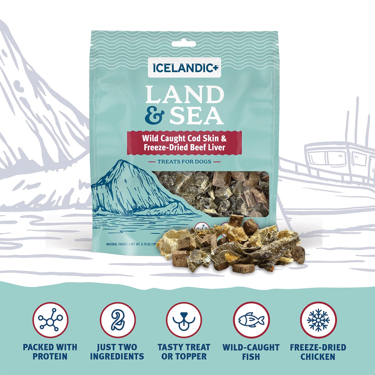 An upright bag of Icelandic+ Land & Sea Cod Skin & Freeze-Dried Beef Dog Treats (2.4 oz) is shown with treats spilled in front, highlighting wild-caught cod skin, freeze-dried beef liver, omega-3s, high protein, and just two ingredients.