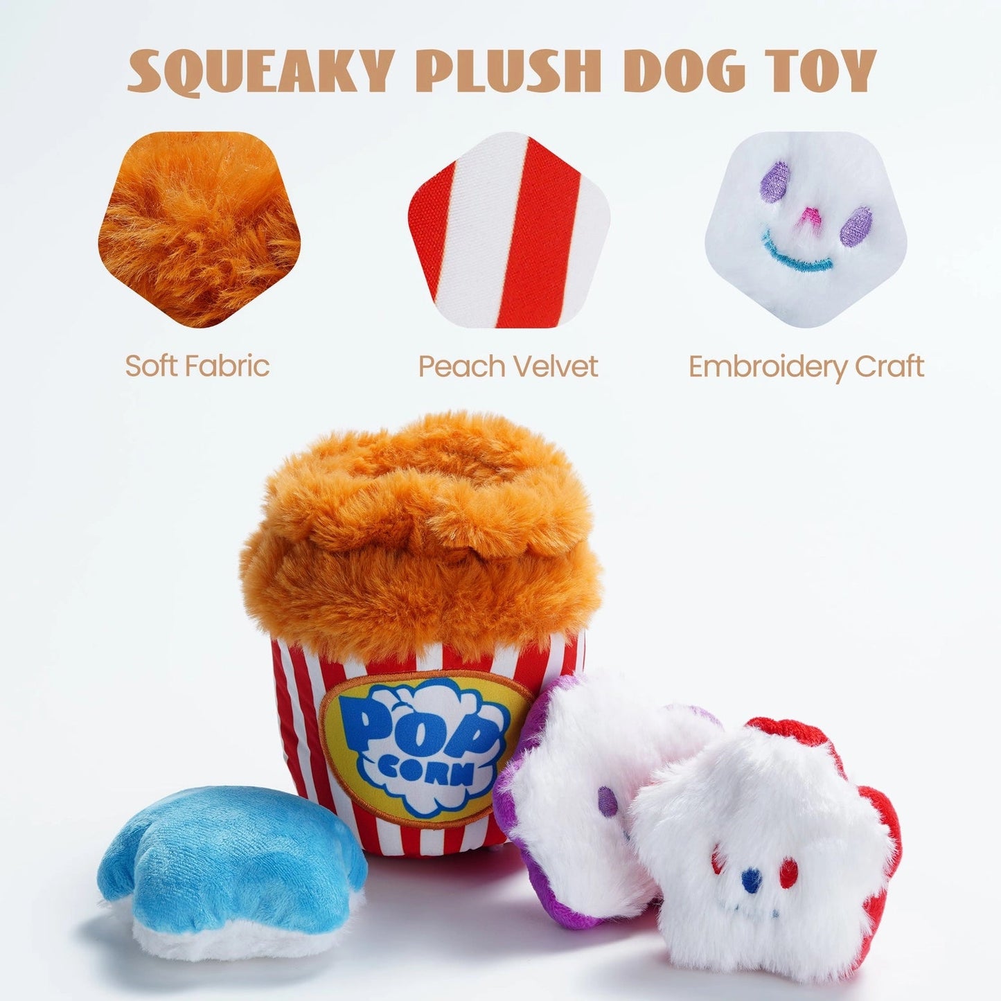 The Nocciola Interactive Popcorn Bucket Dog Toy with Squeaky Plush features soft peach velvet and embroidered pieces, providing mental stimulation and fun playtime for dogs, all in an adorable popcorn-in-bucket design.