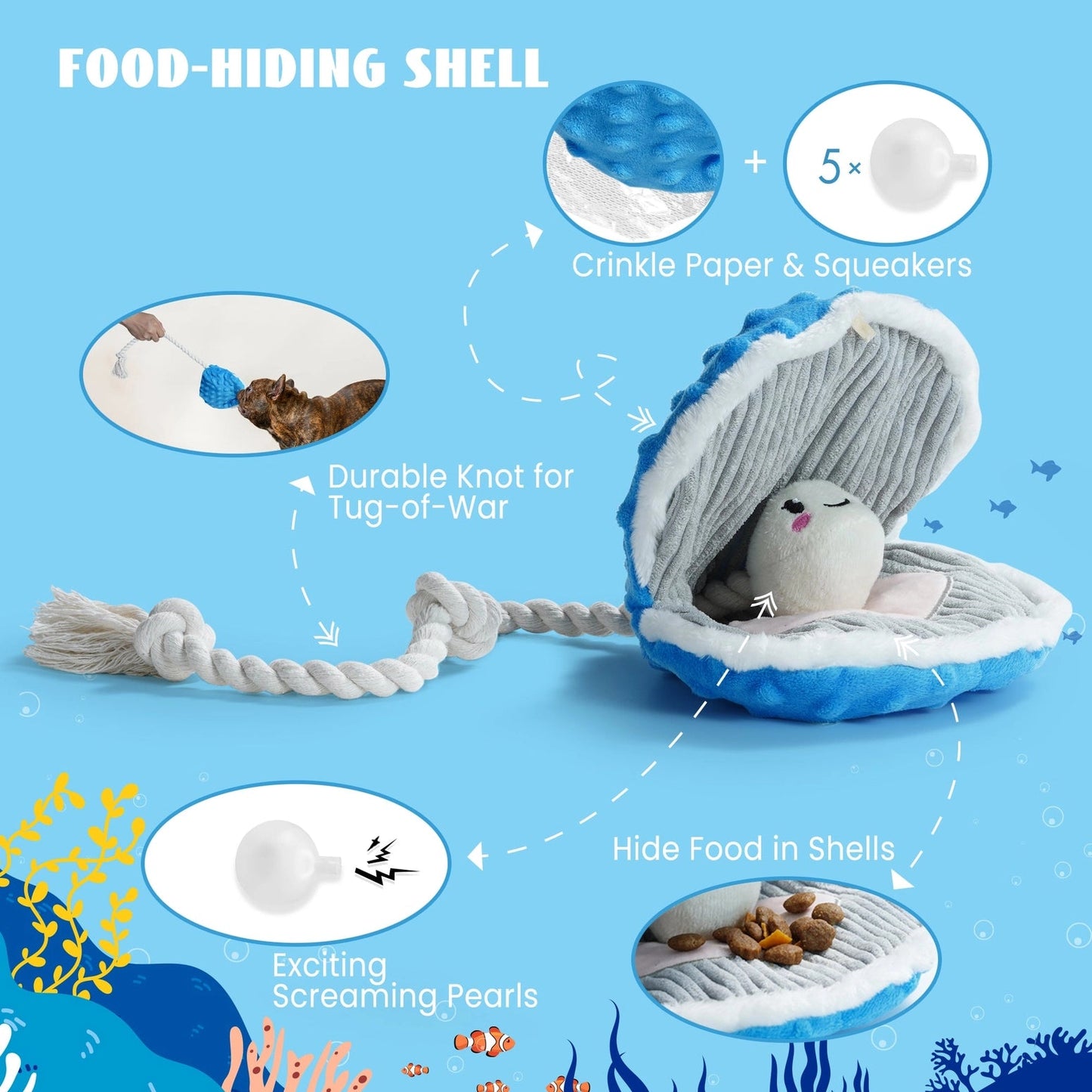 The Nocciola Ocean-Themed Crinkle & Squeaky Dog Toy Set features a blue and white plush design with rope handle, hideable treat pocket, and screaming pearlsâideal for pet play, enrichment, and lasting fun from Nocciola.