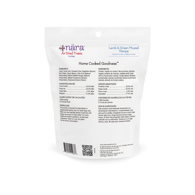 Caru Pet Food Lamb and Green Mussel dog treats in a reclosable bag with nutritional information
