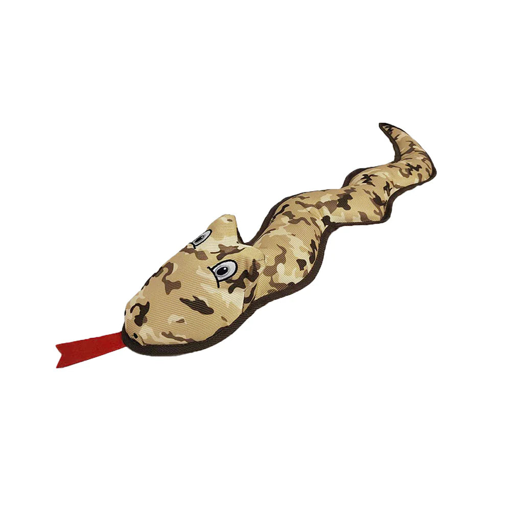 Petlou camo snake dog toy features a camouflage design and a fun snake shape for playful dogs