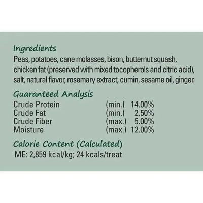 CANIDAE PURE Heaven Grain-Free Biscuits with Bison & Butternut Squash Healthy Dog Treats feature a label listing ingredients, guaranteed analysis for crude protein, fat, fiber, moisture percentages, plus calorie content per kilogram and per treat.