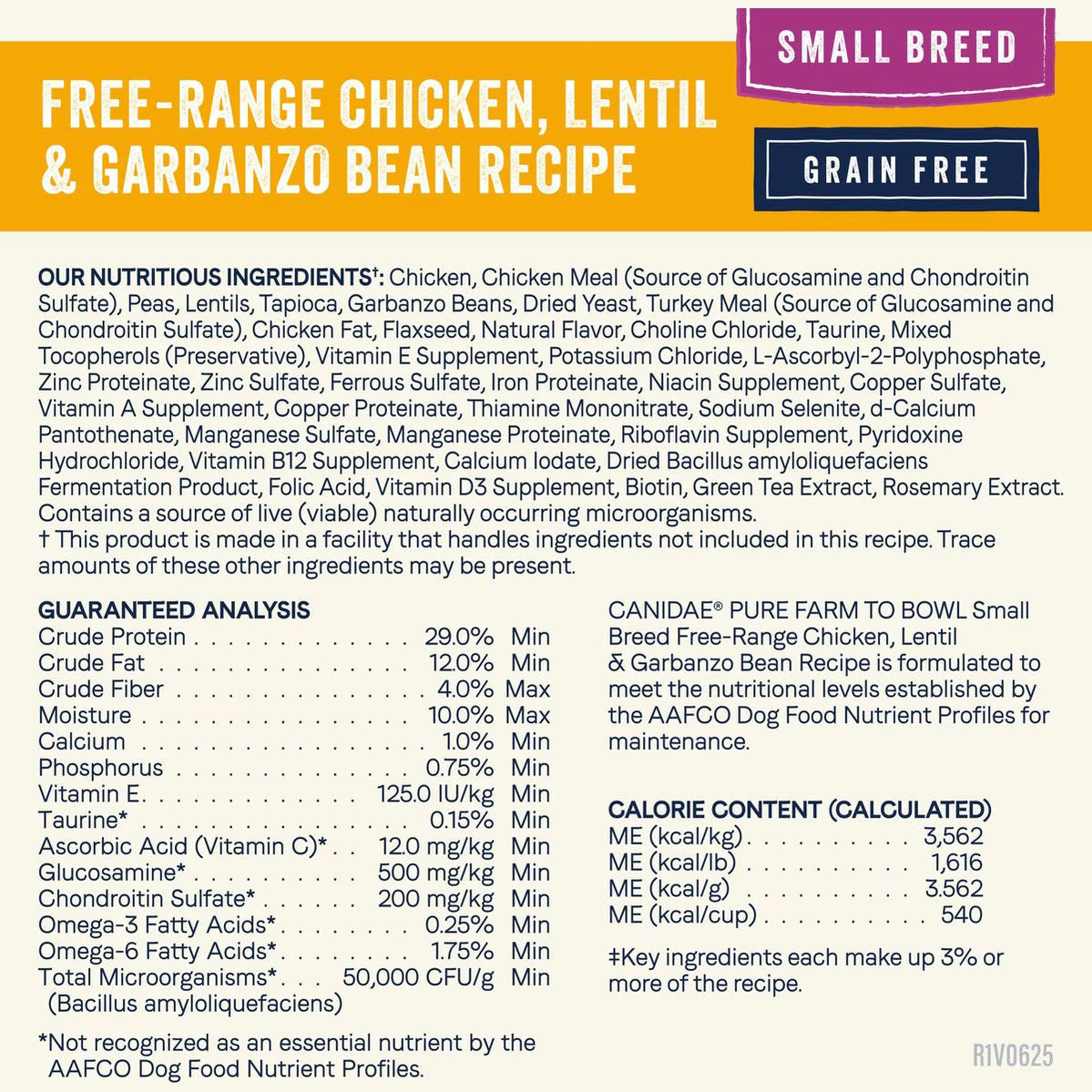 CANIDAE Free-Range Chicken Lentil and Garbanzo Bean small breed chicken dry dog food packaging with nutritional analysis