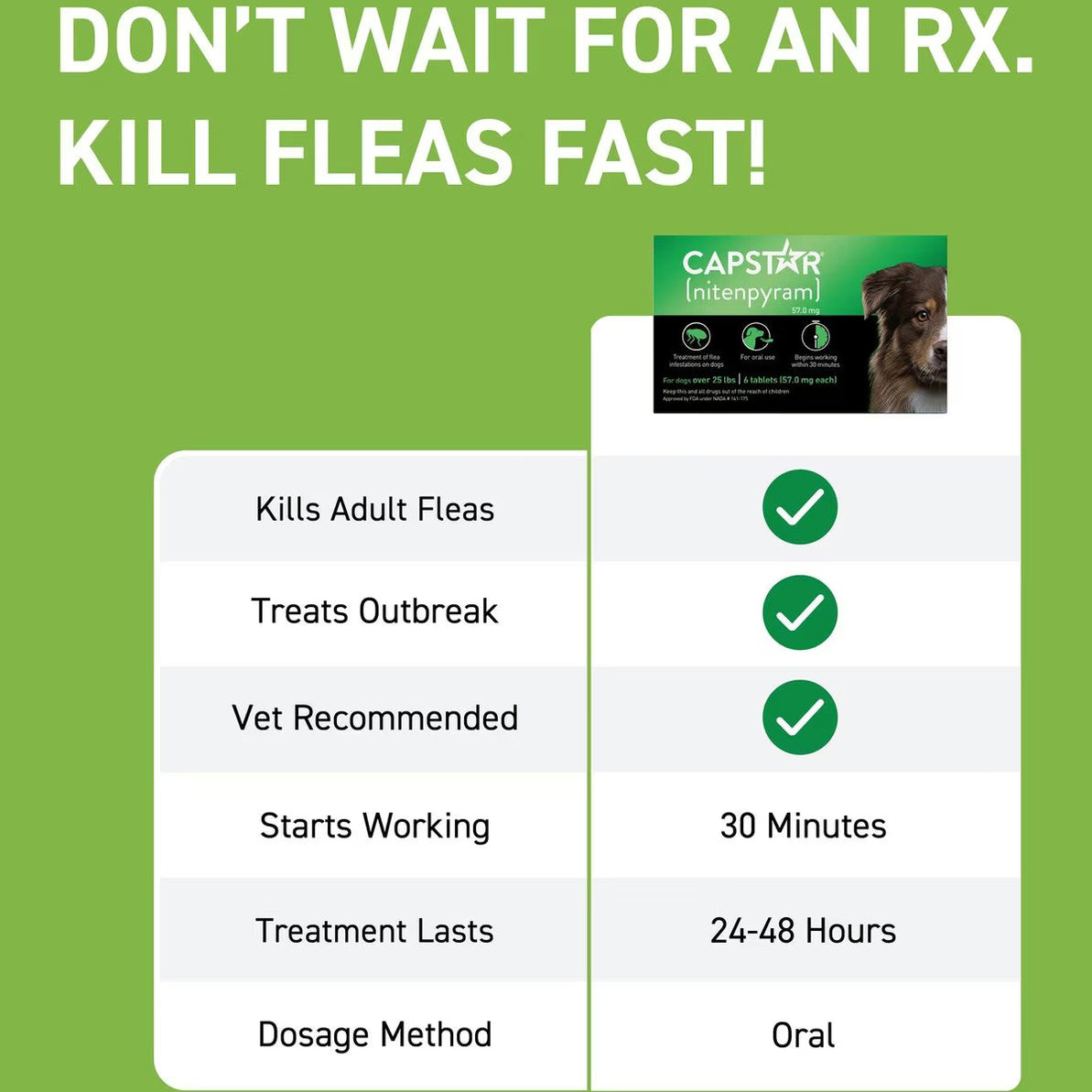 Capstar flea tablet for large dogs. Fast-acting treatment that kills adult fleas in 30 minutes.