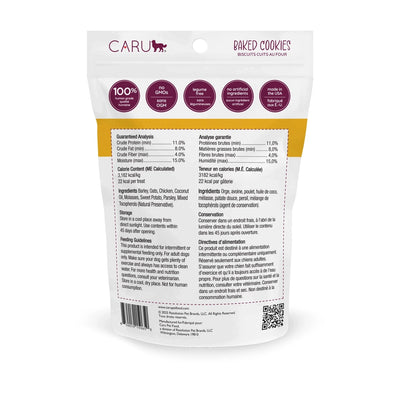 Caru Pet Food baked cookie dog treats in a resealable bag with nutritional information on the back