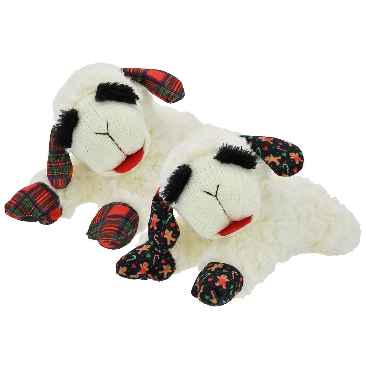 Multipet Christmas Lamb Chop dog toy in white with festive plaid and floral patterns, perfect for holiday playtime