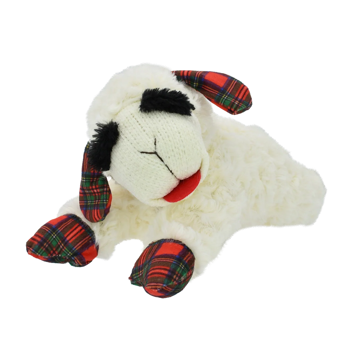 Multipet Christmas Lamb Chop dog toy with a soft exterior and festive plaid accents