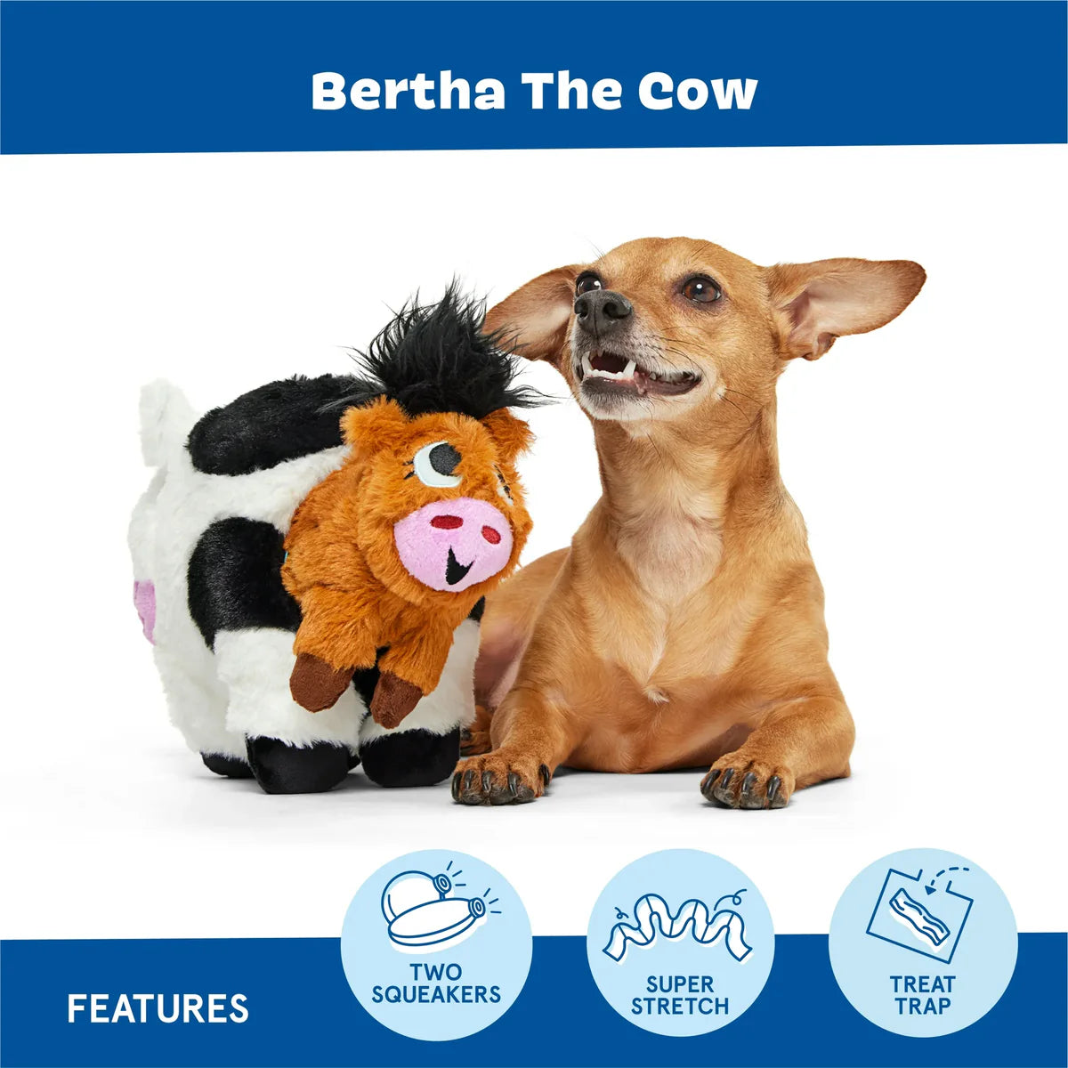 BARK Bertha the Cow dog plush toy featuring two squeakers and a treat trap for fun and engagement
