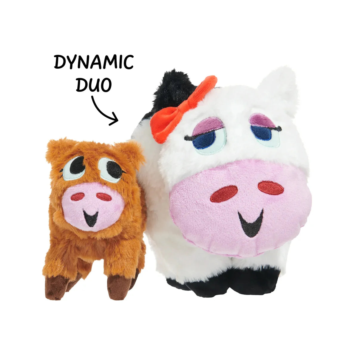 BARK cow dog plush toy featuring a dynamic duo of cute cow and calf designs for playful pets