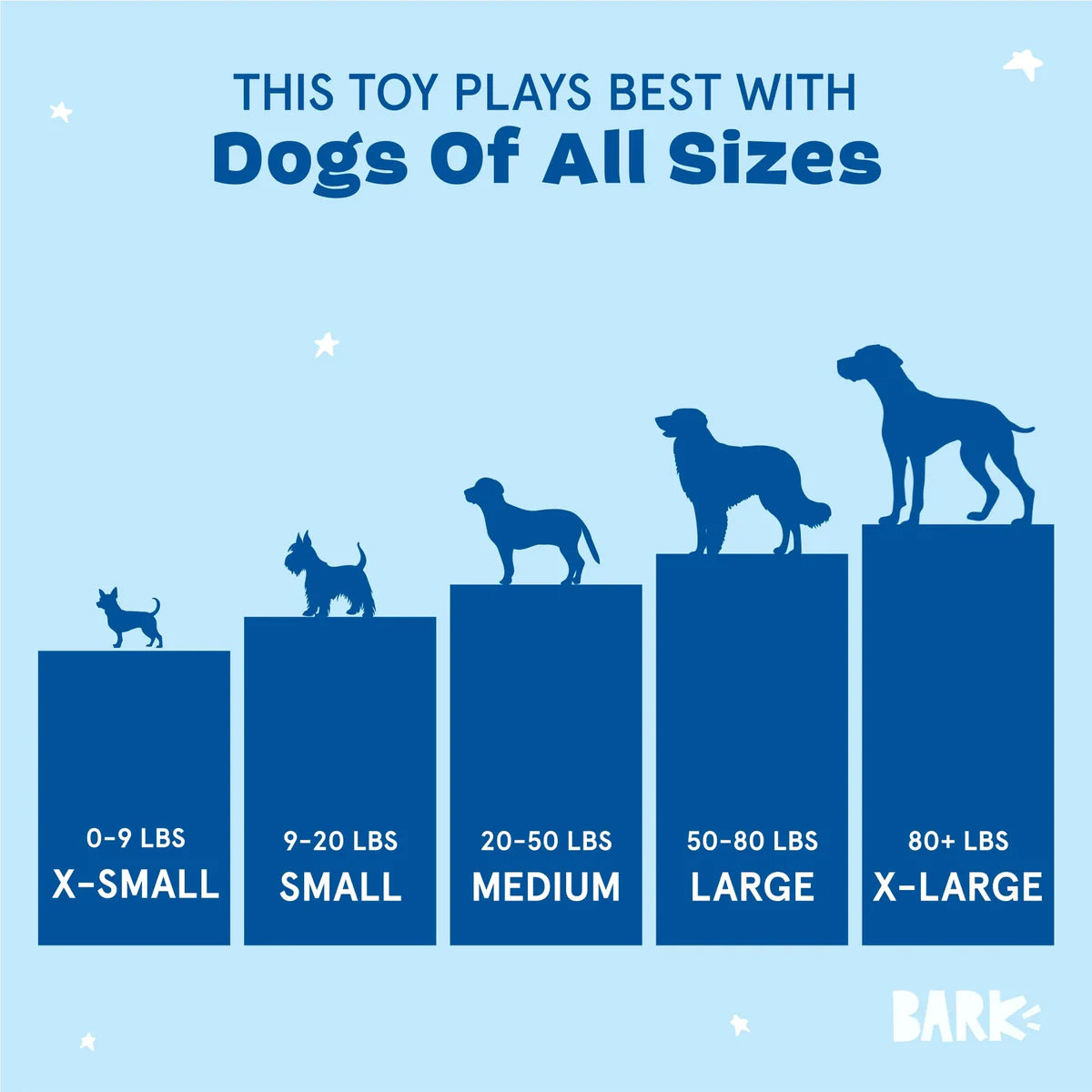 BARK cow dog plush toy recommended for dogs of all sizes with weight categories