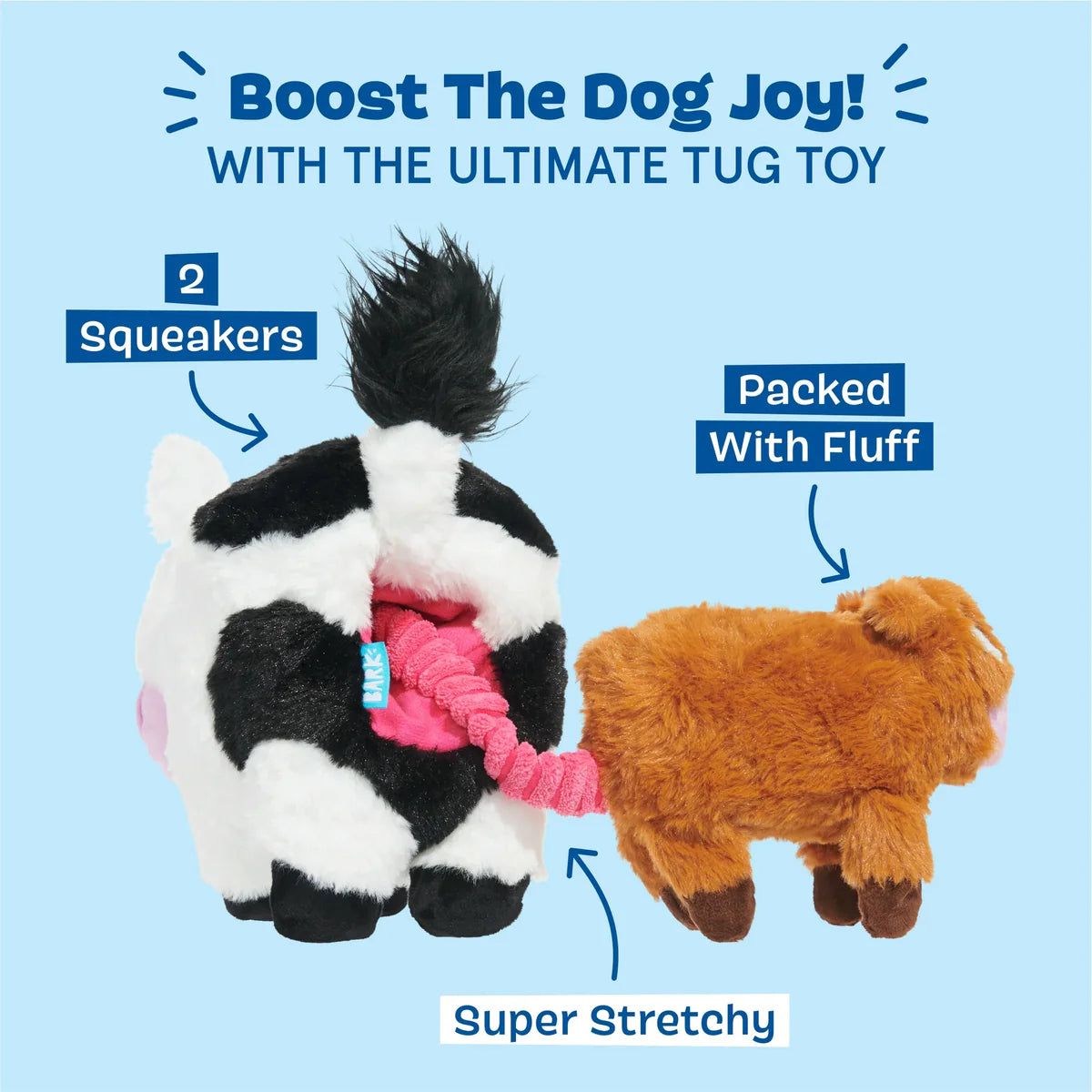 BARK cow dog plush toy featuring squeakers and a stretchy tug design for playful dogs