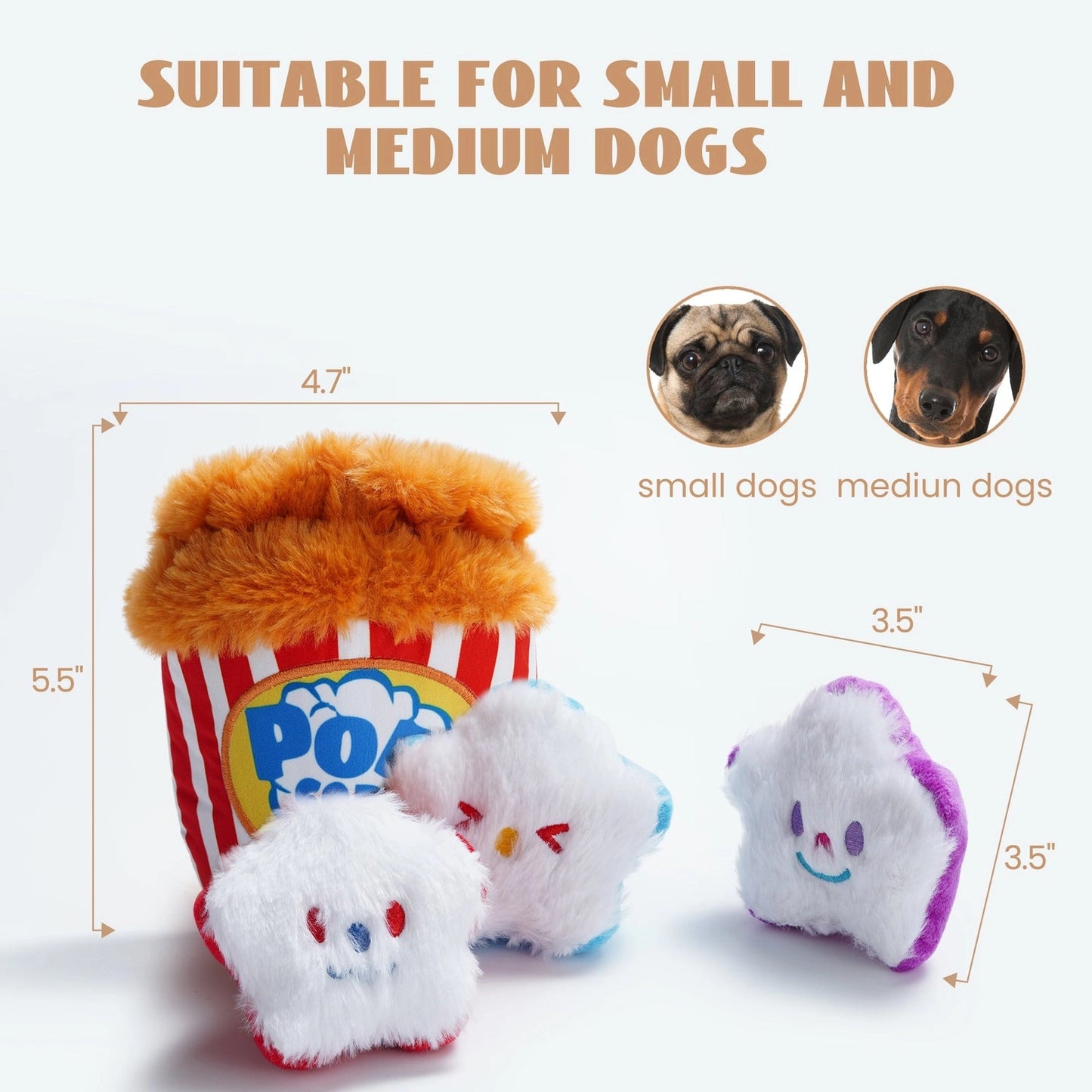 The Nocciola Interactive Popcorn Bucket Dog Toy with Squeaky Plush features three star-shaped toys, offers mental stimulation for dogs, and is suitable for small and medium breeds. Includes pug/dachshund images, SUITABLE FOR SMALL AND MEDIUM DOGS text, and measurements.