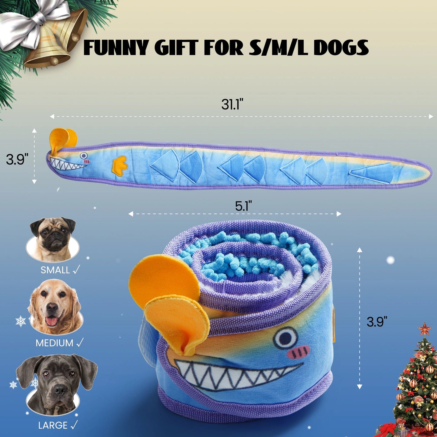The Nocciola Interactive No-Stuffing Eel Toy—Tug, Snuffle, and Squeak is shown unrolled (31.1 x 3.9) and rolled up (5.1 x 3.9). Features treat pockets for mental stimulation; perfect funny gift for S/M/L dogs.