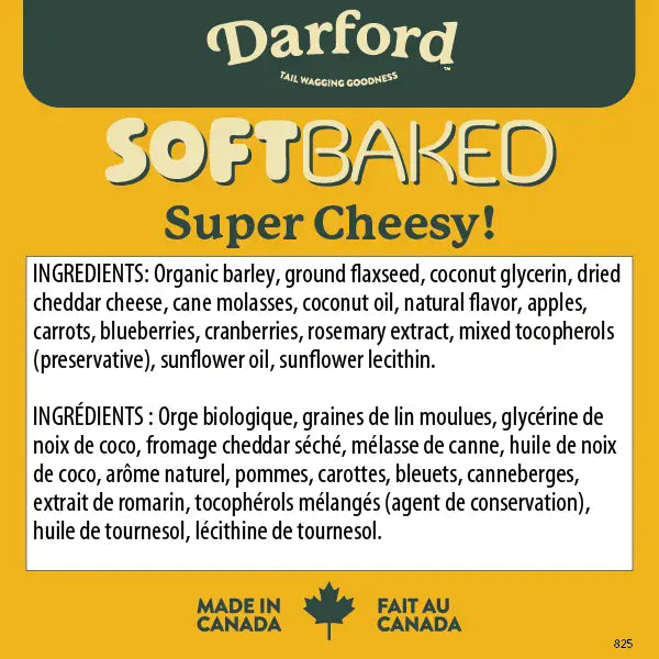 Darford Soft Baked Cheesy Dog Treats made with organic ingredients and super cheesy flavor