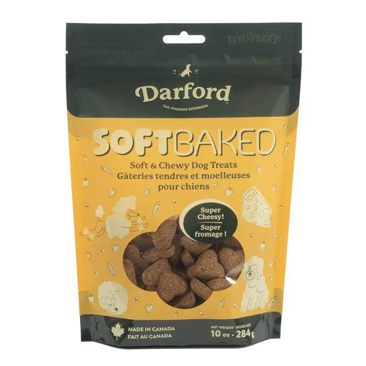 Darford soft baked cheesy dog treats in a 10 oz bag, perfect for rewarding your furry friend