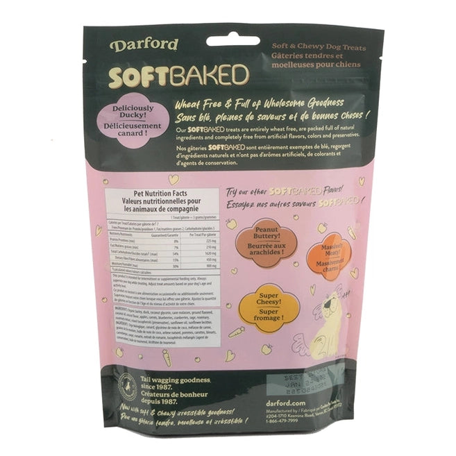 Darford Soft Baked Duck Dog Treats in a colorful package featuring wholesome ingredients and pet nutrition facts