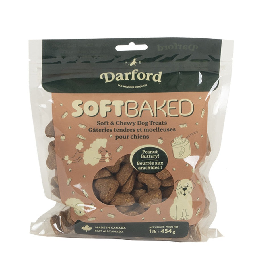 Darford soft baked peanut butter dog treats in a resealable bag, ideal for training and rewarding dogs