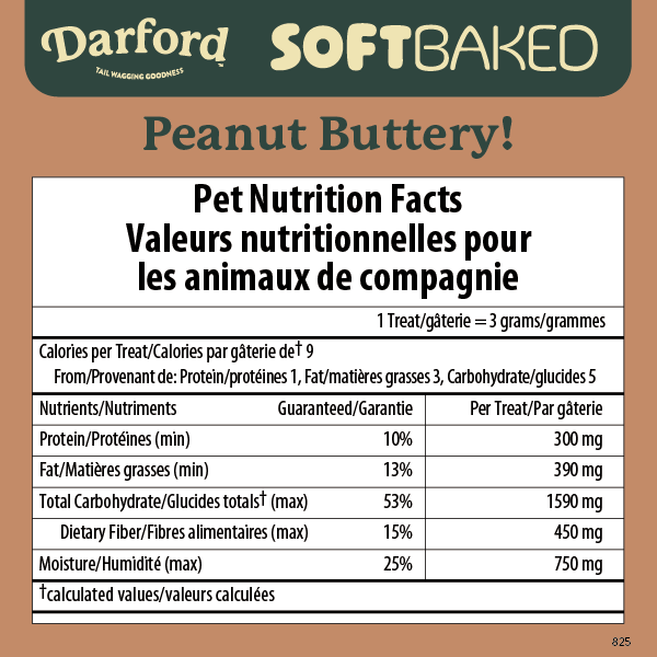 Darford soft baked peanut butter dog treats packaging with nutrition facts and flavor information
