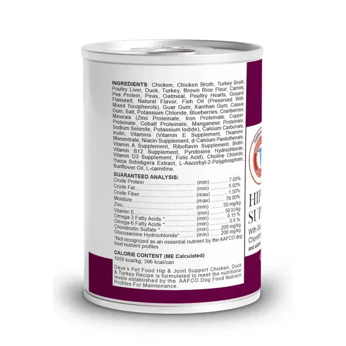 Dave's Pet Food Hip & Joint Support with Glucosamine, Chicken, Duck & Turkey Recipe Wet Dog Food 12ea/13 oz - Talis Us