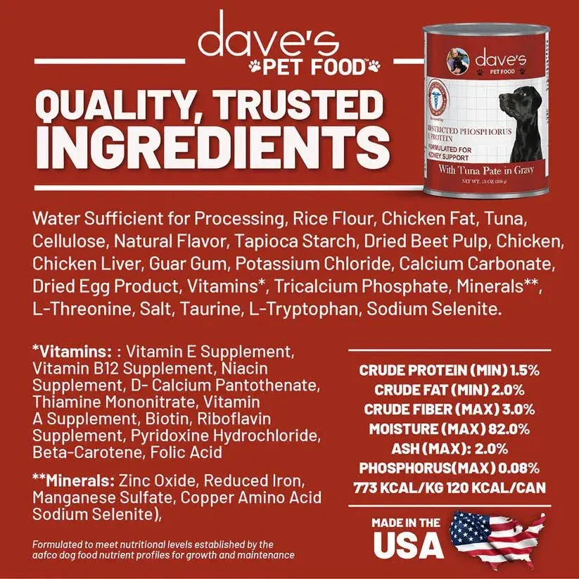 Dave's Pet Food Veterinarian Formulated Restricted Phosphorus & Protein Kidney Support, Tuna Pate in Gravy Wet Dog Food - Talis Us