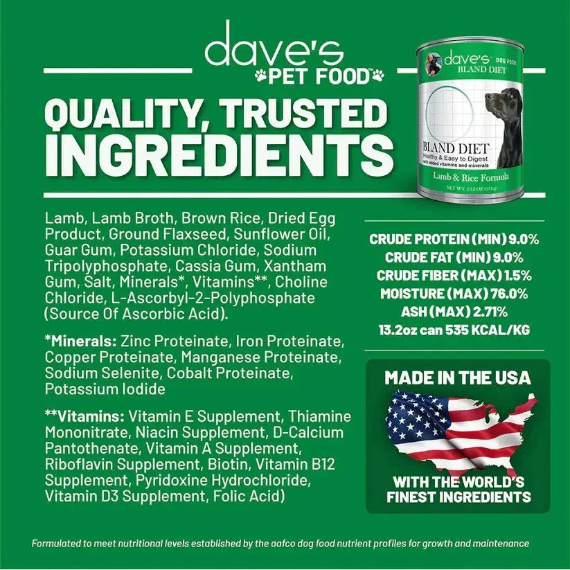 Dave's Restricted Diet Bland Lamb & Rice Dinner Canned Dog Food 12ea/13 oz - Talis Us