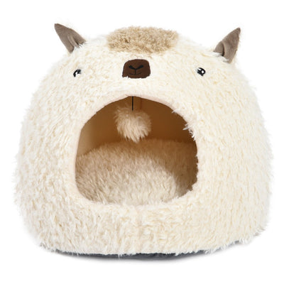 Max & Marlow dome cat cave bed in soft, fluffy design with a cozy interior and hanging toy for playful cats