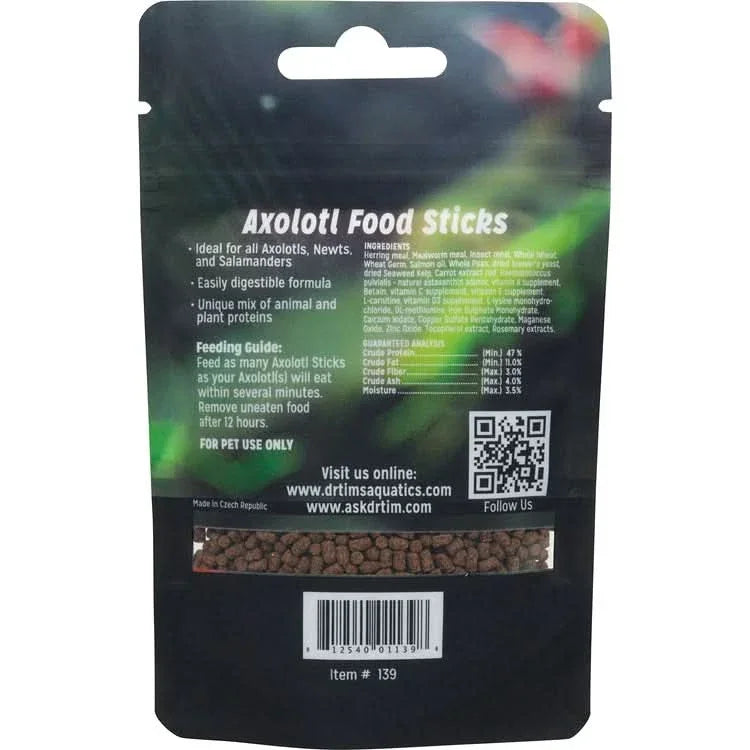 Dr. Tim's Aquatics axolotl feed pouch with protein-rich food sticks for axolotls, newts, and salamanders