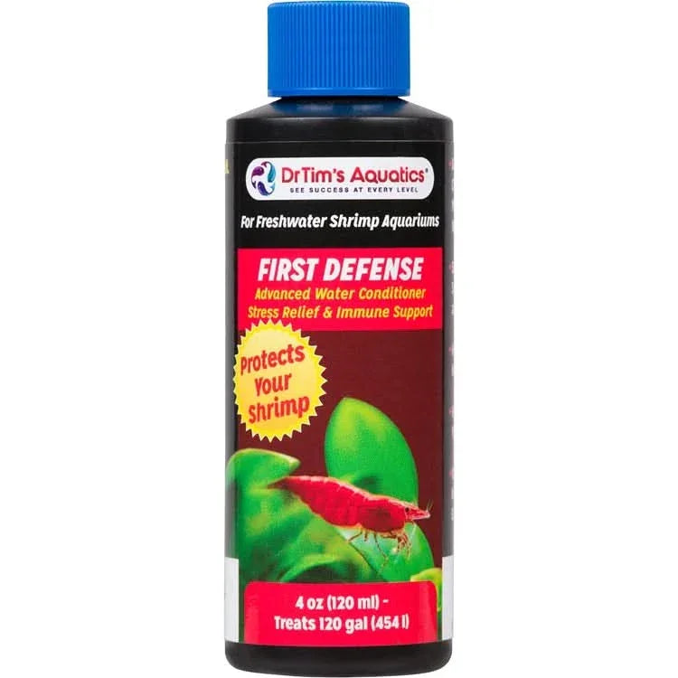 DrTim's Shrimp First Defense water conditioner for freshwater shrimp aquariums providing stress relief and immune support