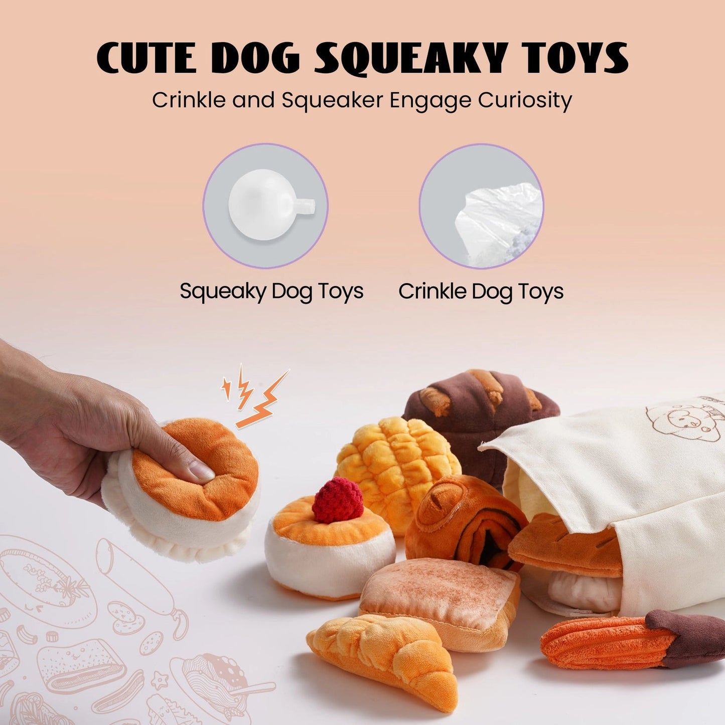 A hand squeezes a Nocciola Bread Dog Toy from the Nocciola 10-Pack Crinkle & Squeaky Bread Dog Toys with Treat Bag, surrounded by bakery-themed plushes for small dogs; icons highlight squeaky and crinkle features above.