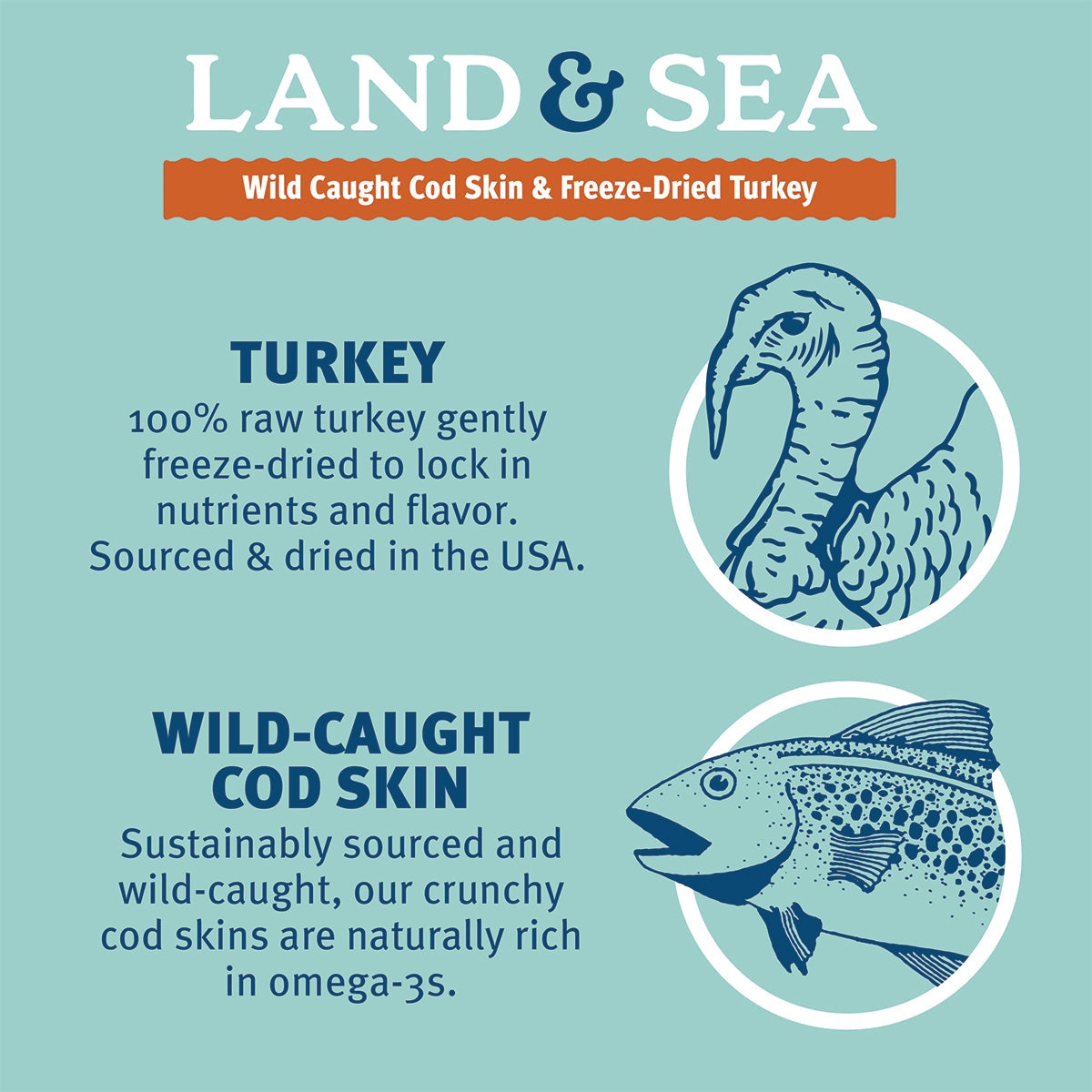 Infographic showcases a turkey and fish, promoting Icelandic+ Land & Sea Cod Skin & Freeze-Dried Turkey Dog Treat. Highlights protein-rich nutrition, quality sourcing, and benefits for dogs. Light blue background.