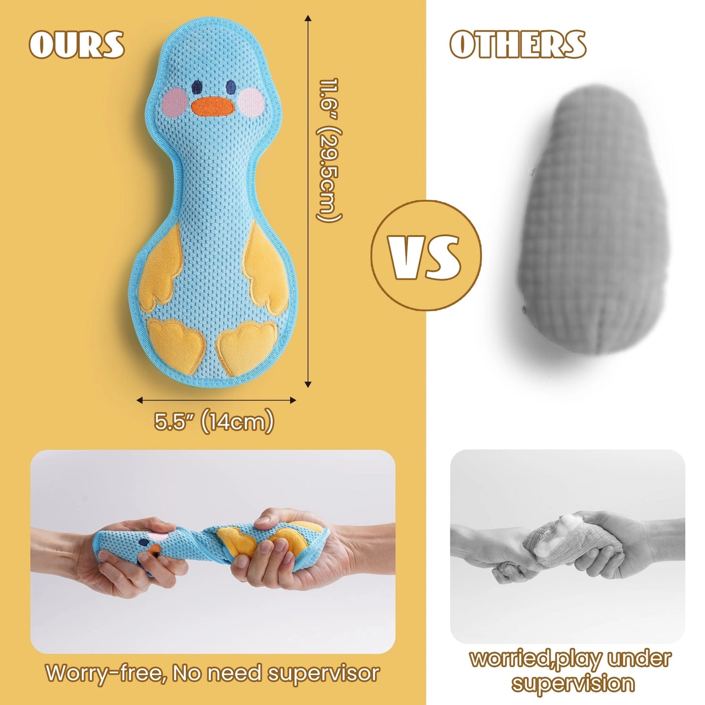 Comparison image shows Nocciola Durable Duck Squeaky Dog Toy for Aggressive Chewers—vibrant, duck-shaped (11.6 x 5.5), safe for unsupervised play—beside a plain gray “Others” toy that needs supervised play.