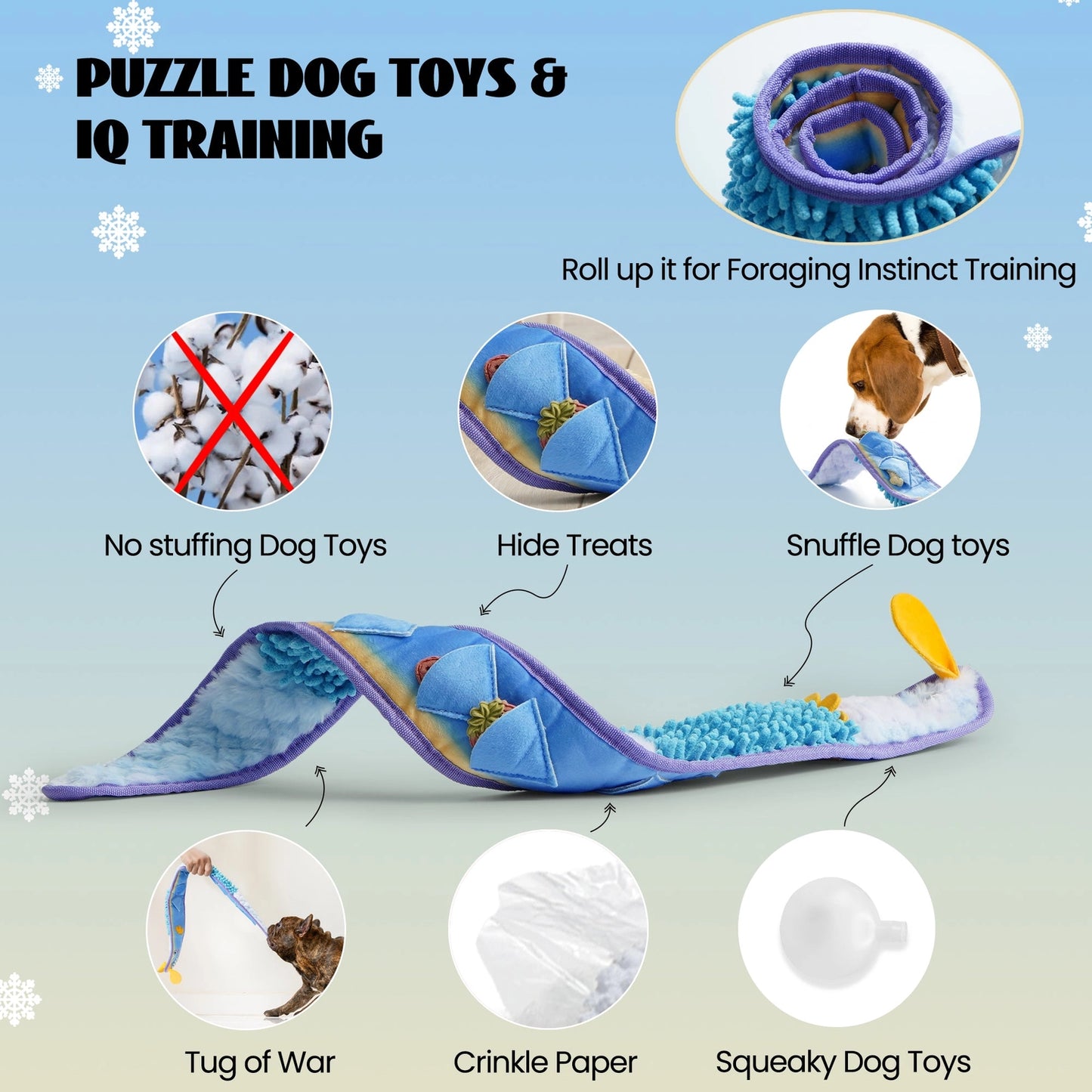 Nocciola Interactive No-Stuffing Eel Toy offers tug, snuffle, and squeak play for dogs. This blue mat features treat pockets, crinkle paper, roll-up design, and no stuffing—perfect for mental stimulation and IQ training.