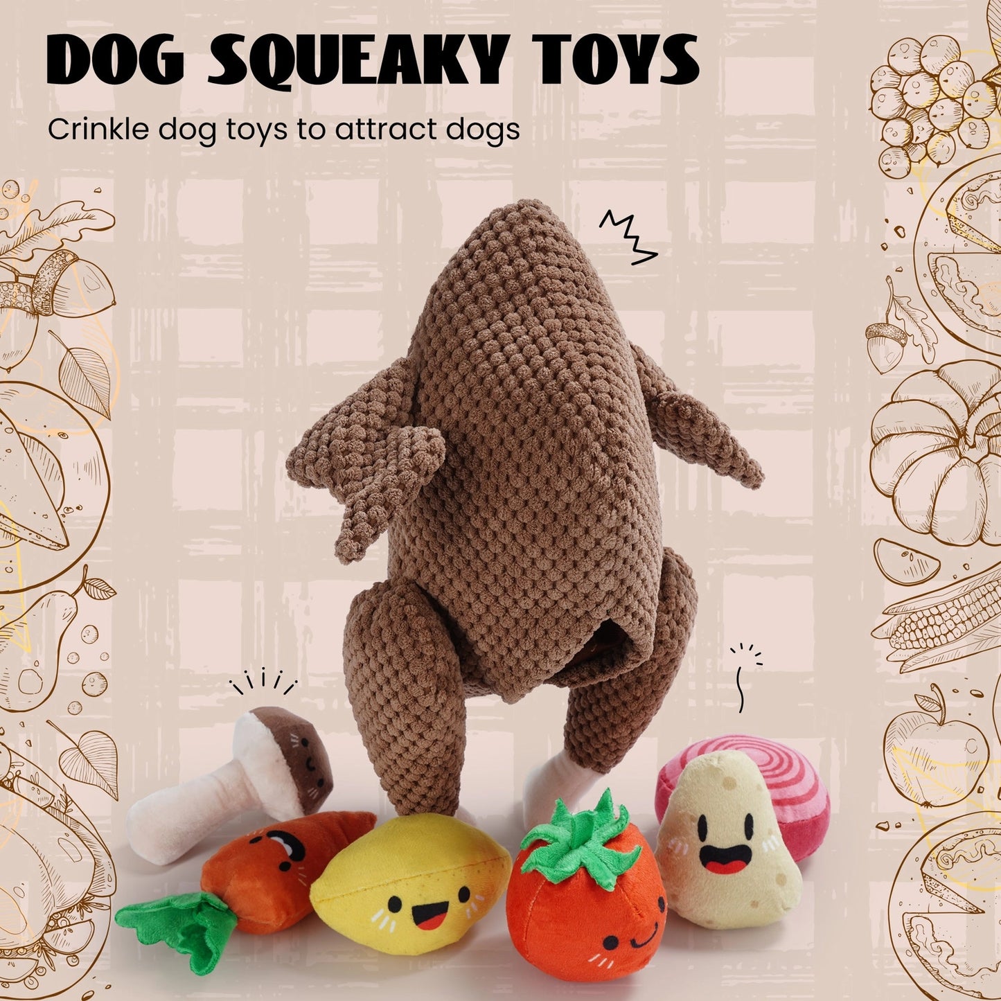Nocciola Colorful Turkey-Themed Dog Toys for puppies and small breeds include a brown turkey, mushroom, carrot, strawberry, lemon, potato, and a pink striped ball with smiling faces on a beige doodle-patterned background.